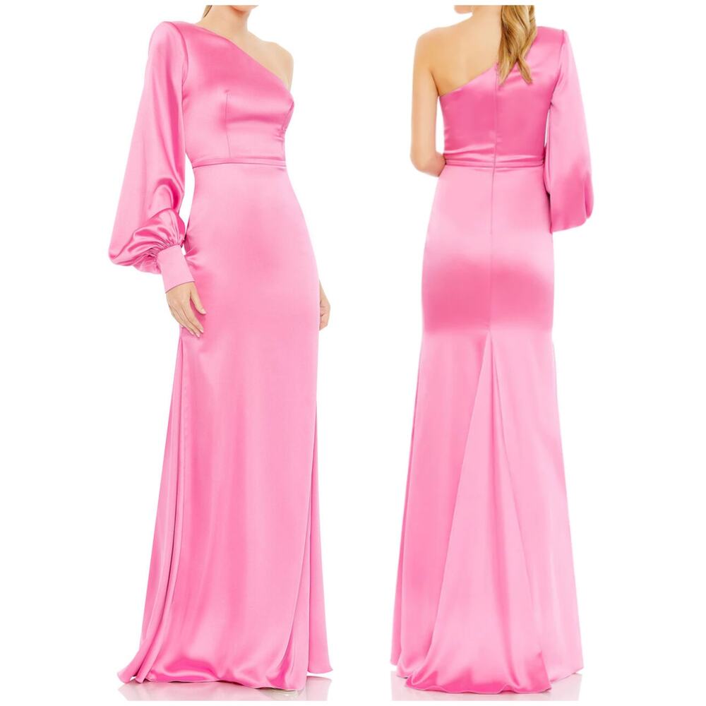 Mac Duggal NWT Satin Asymmetrical Neck Mermaid Maxi One Shoulder Dress Sz 2 Pink